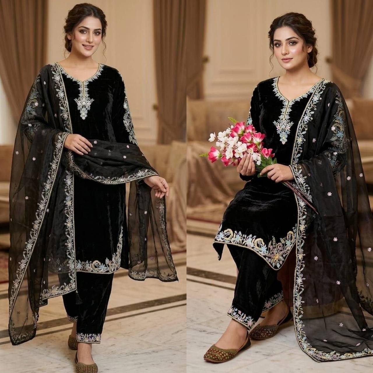 Deep Obsidian Floral-Embroidered Couture